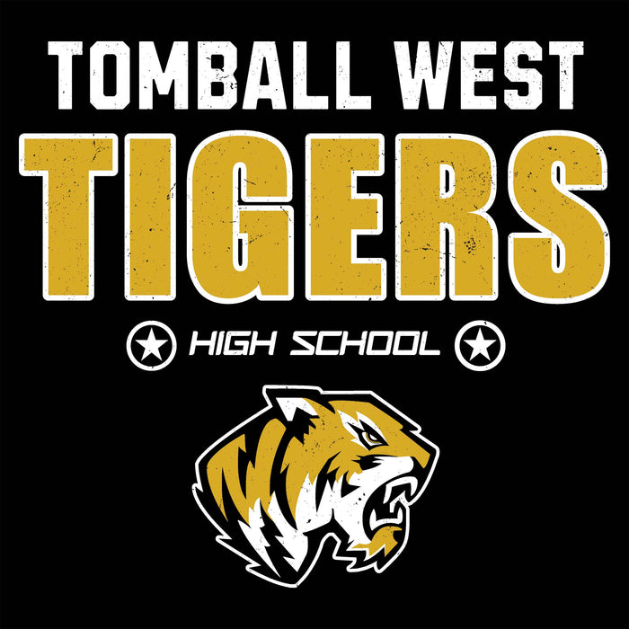 Tomball West Tigers high school graphic on a black background, featuring distressed white and gold lettering with a tiger mascot logo below. Tomball West High School Tigers Women's Black SoftStyle T-shirt 003