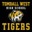 Tomball West High School Tigers graphic on a black background, featuring gold and white text with a stylized tiger head mascot. Tomball West High School Tigers Unisex 3/4 sleeve Raglan T-shirt 006