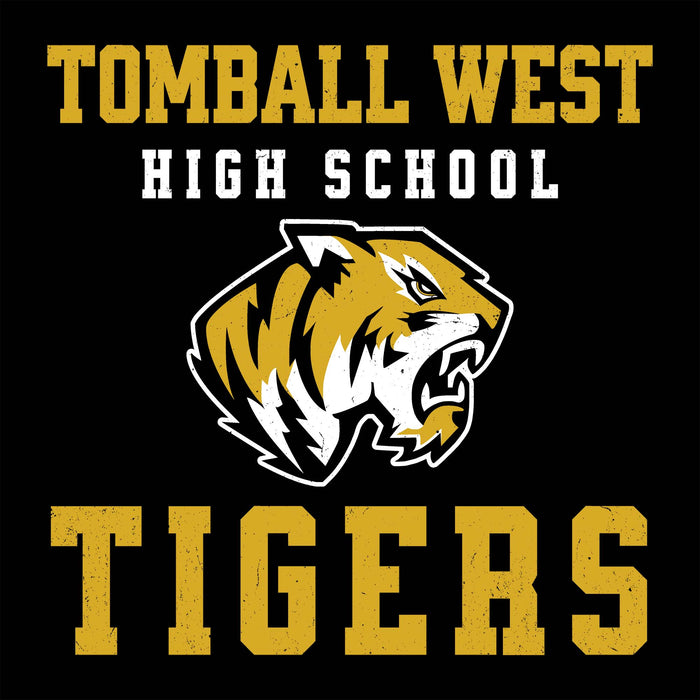 Tomball West High School Tigers graphic on a black background, featuring gold and white text with a stylized tiger head mascot. Tomball West High School Tigers Women's Black SoftStyle T-shirt 006
