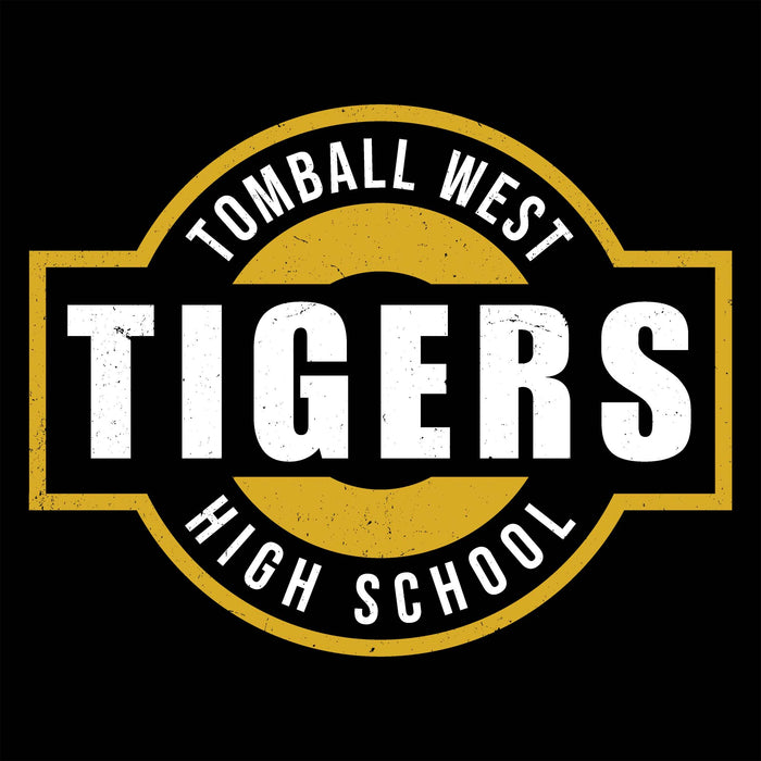 A circular school logo on a black background reading 'TOMBALL WEST TIGERS HIGH SCHOOL' in white text with a distressed gold/yellow border. Tomball West High School Tigers Women's Black SoftStyle T-shirt 011