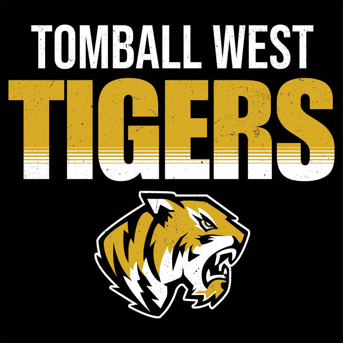 Tomball West Tigers graphic with distressed white and gold lettering on a black background, plus a tiger head mascot logo below. Tomball West High School Tigers Unisex 3/4 sleeve Raglan T-shirt 024