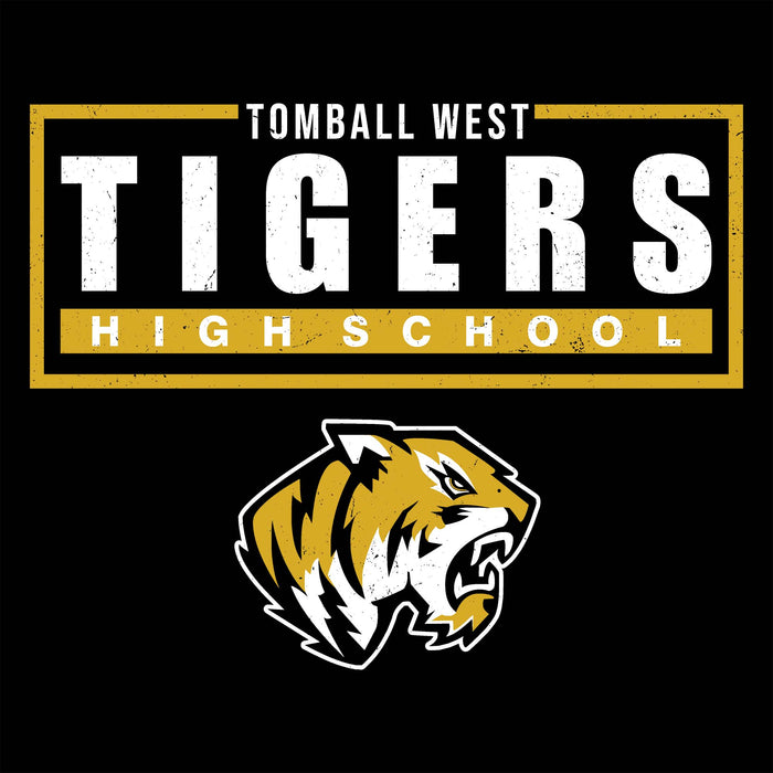 Tomball West Tigers High School logo on a black background, featuring bold white and gold text with a stylized tiger head mascot below. Tomball West High School Tigers Women's Black SoftStyle T-shirt 049