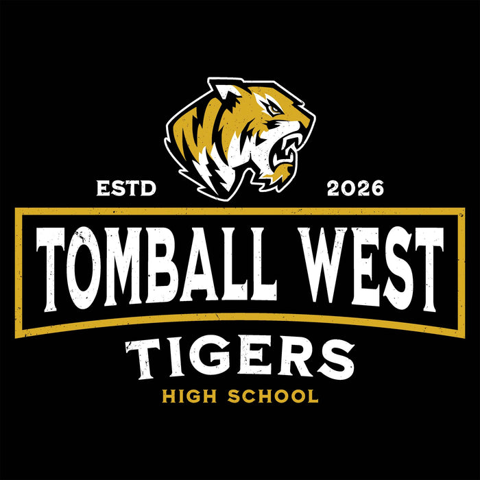 Tomball West Tigers high school logo on a black background, featuring a roaring tiger head above distressed white text reading 'TOMBALL WEST TIGERS' with 'ESTD 2026' and 'HIGH SCHOOL' in white and gold. Tomball West High School Tigers Black Classic Unisex T-shirt 202