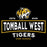 Tomball West Tigers high school logo on a black background, featuring a roaring tiger head above distressed white text reading 'TOMBALL WEST TIGERS' with 'ESTD 2026' and 'HIGH SCHOOL' in white and gold. Tomball West High School Tigers Women's Black SoftStyle T-shirt 202