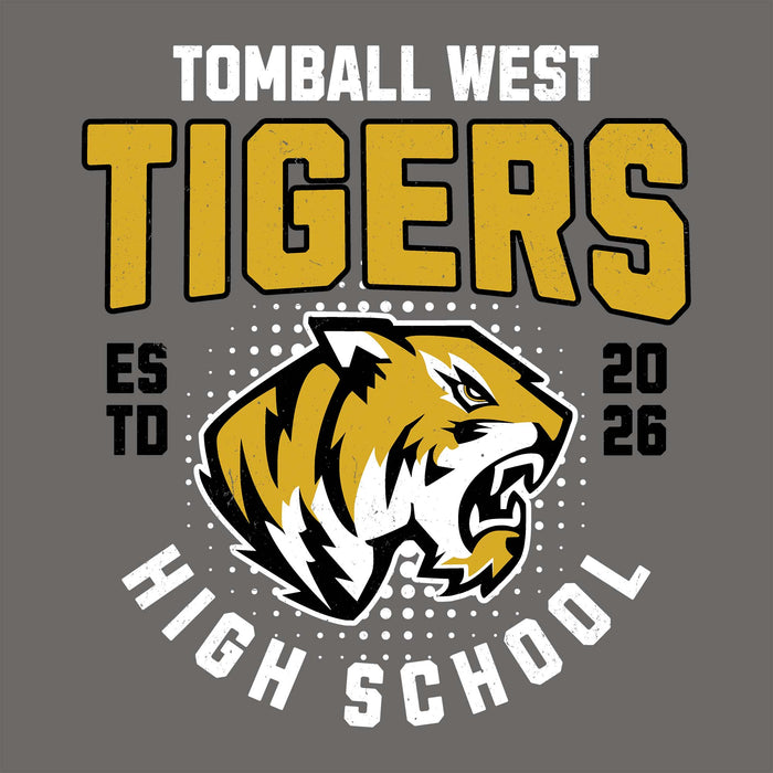 A graphic design for a Tomball West Tigers high school shirt, featuring a roaring tiger mascot logo in gold, black, and white, with 'TOMBALL WEST TIGERS' and 'HIGH SCHOOL' text on a solid dark gray background. Tomball West High School Tigers Dark Grey Classic Unisex T-shirt 204