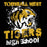 A black graphic design featuring a stylized tiger head mascot in yellow, white, and black, with the text 'TOMBALL WEST TIGERS high school' in distressed yellow and white lettering. Tomball West High School Tigers Women's Black SoftStyle T-shirt 205