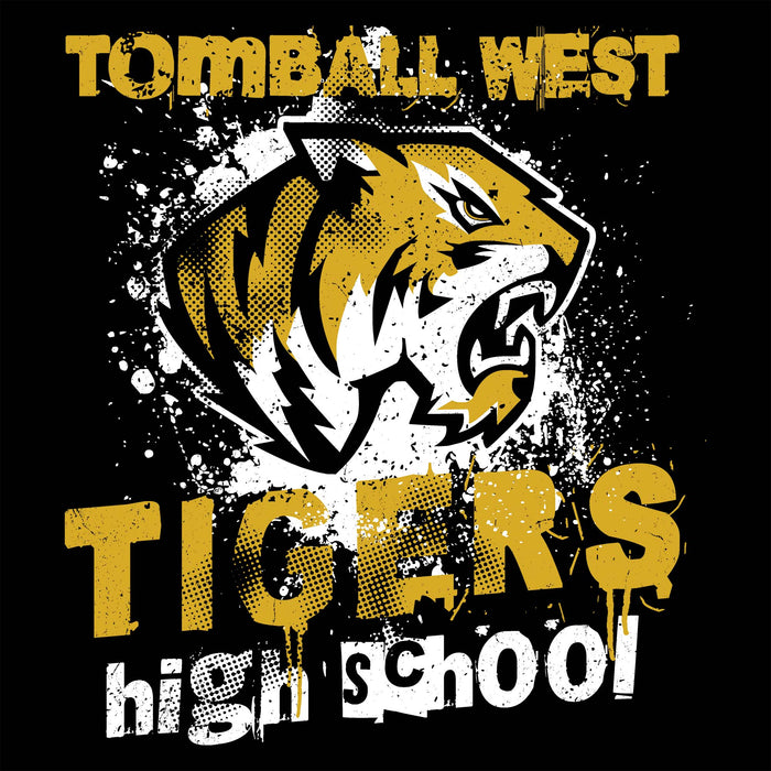 A black graphic design featuring a stylized tiger head mascot in yellow, white, and black, with the text 'TOMBALL WEST TIGERS high school' in distressed yellow and white lettering. Tomball West High School Tigers Women's Black SoftStyle T-shirt 205
