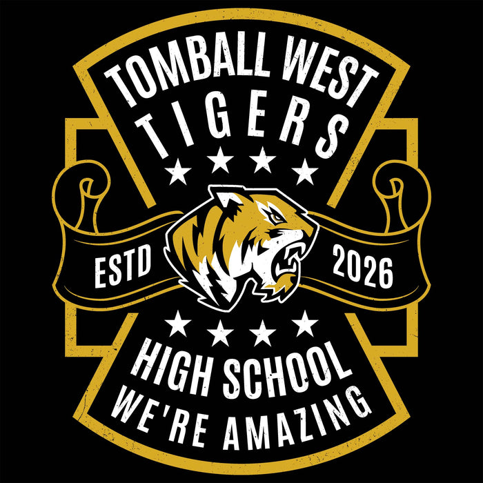 A black square graphic with a gold and white Tomball West Tigers high school emblem, featuring a tiger head, stars, ribbon banners, and the text 'ESTD 2026' and 'HIGH SCHOOL WE'RE AMAZING'. Tomball West High School Tigers Women's Black SoftStyle T-shirt 207