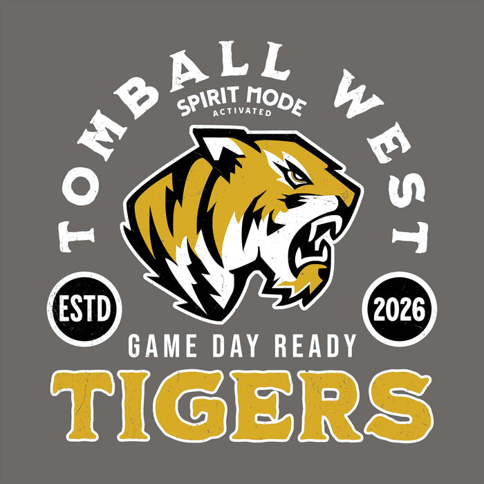 A graphic design featuring a roaring tiger head logo in gold, white, and black, surrounded by the words 'TOMBALL WEST' and 'SPIRIT MODE ACTIVATED', with 'GAME DAY READY TIGERS' below on a solid dark gray background. Tomball West High School Tigers Dark Grey Classic Unisex T-shirt 208