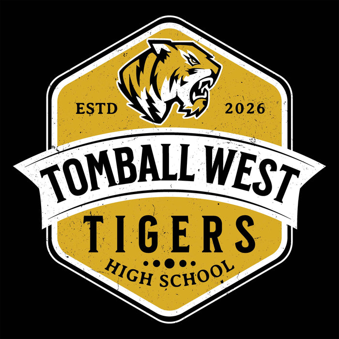 A school logo or emblem reading 'TOMBALL WEST TIGERS HIGH SCHOOL' with a stylized tiger head above, on a black background. Tomball West High School Tigers Women's Black SoftStyle T-shirt 209