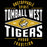 A black graphic design with distressed white and yellow text reading 'UNSTOPPABLE SPIRIT TOMBALL WEST TIGERS PROUD TRADITION,' plus a central diamond containing a tiger head and 'SINCE 2026.'. Tomball West High School Tigers Unisex 3/4 sleeve Raglan T-shirt 210