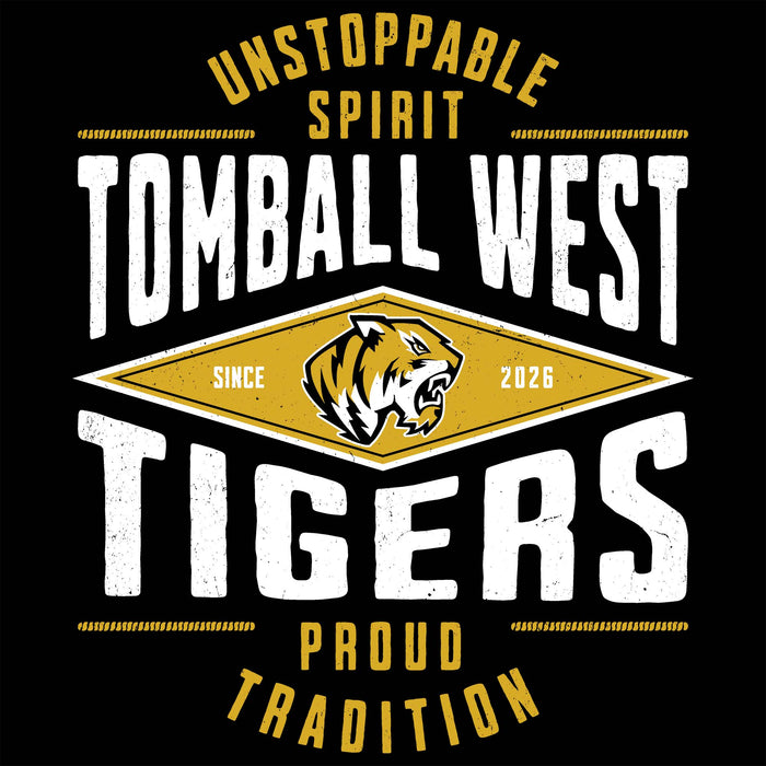 A black graphic design with distressed white and yellow text reading 'UNSTOPPABLE SPIRIT TOMBALL WEST TIGERS PROUD TRADITION,' plus a central diamond containing a tiger head and 'SINCE 2026.'. Tomball West High School Tigers Women's Black SoftStyle T-shirt 210
