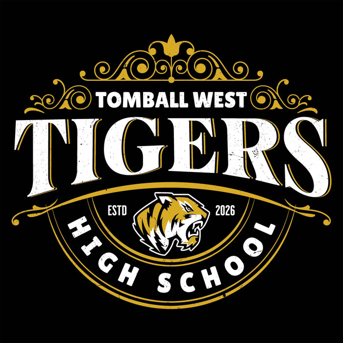 A black square graphic with ornate gold scrollwork and large white text reading 'TOMBALL WEST TIGERS HIGH SCHOOL,' plus a tiger head logo and 'ESTD 2026' in the center. Tomball West High School Tigers Black Classic Unisex T-shirt 211
