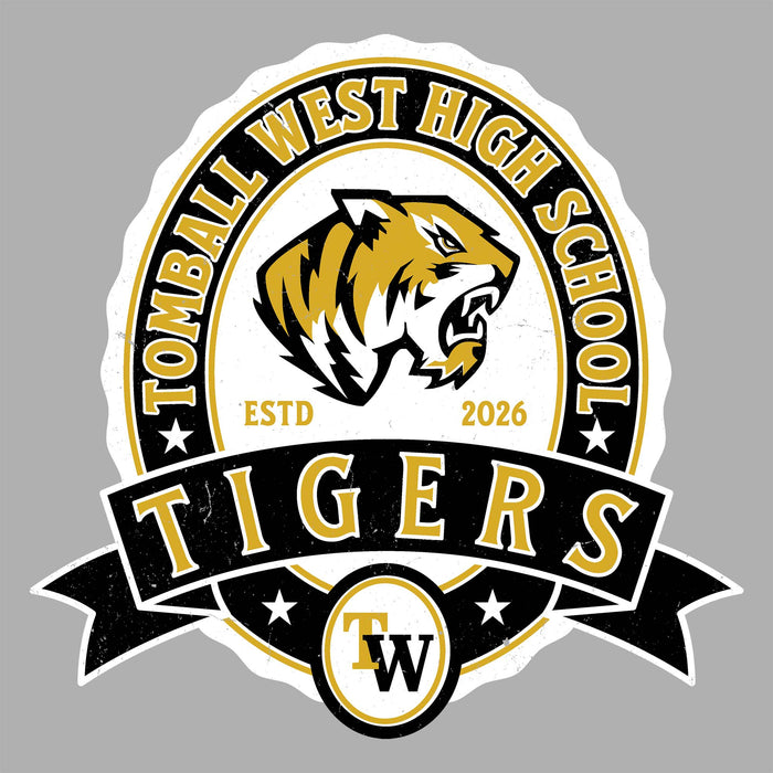 A school mascot logo design for Tomball West High School featuring a roaring tiger head, the words 'TOMBALL WEST HIGH SCHOOL' in an oval, 'TIGERS' on a banner, and 'ESTD 2026' with a 'TW' emblem below, all on a gray background. Tomball West High School Tigers Women's Grey SoftStyle T-shirt 212