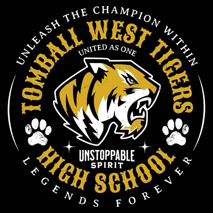 A circular high school spirit graphic on a black background featuring a roaring tiger mascot, the words 'FOMBALL WEST TIGERS' and 'HIGH SCHOOL LEGENDS FOREVER,' plus 'UNITED AS ONE' and 'UNSTOPPABLE SPIRIT.' Two white paw prints flank the tiger. Tomball West High School Tigers Women's Black SoftStyle T-shirt 214