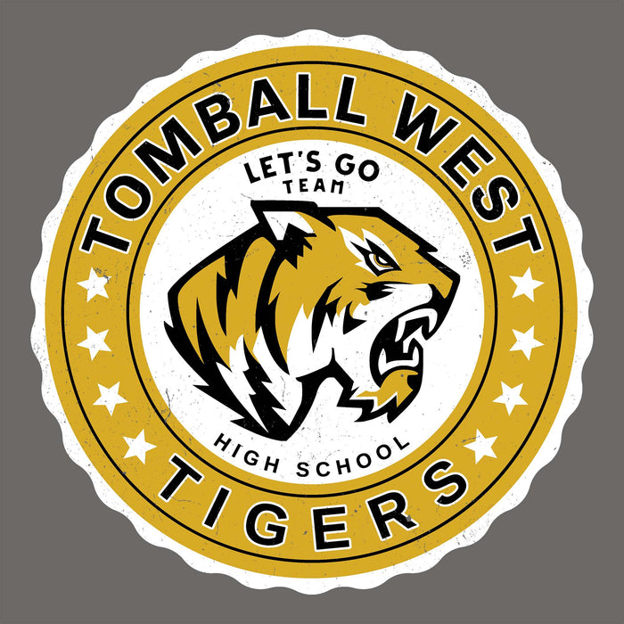 A circular school mascot sticker or decal featuring a roaring tiger head with the text 'TOMBALL WEST HIGH SCHOOL' and 'LET'S GO TEAM' on a gray background. Tomball West High School Tigers Dark Grey Classic Unisex T-shirt 216