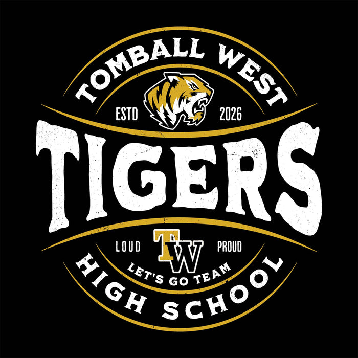 A circular black, white, and gold graphic with the words 'TOMBALL WEST', 'TIGERS', and 'HIGH SCHOOL', plus a tiger head mascot and 'ESTD 2026' on a black background. Tomball West High School Tigers Women's Black SoftStyle T-shirt 218