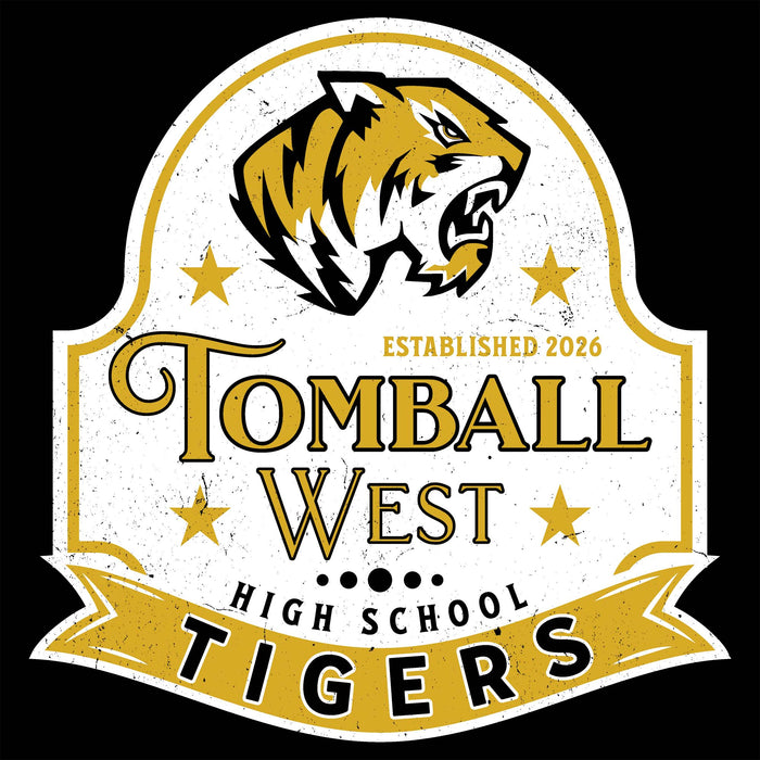A school mascot logo for Tomball West High School Tigers, featuring a stylized roaring tiger head in gold and black on a white shield-shaped background with gold text and stars, set against a solid black backdrop. Tomball West High School Tigers Black Classic Unisex T-shirt 219