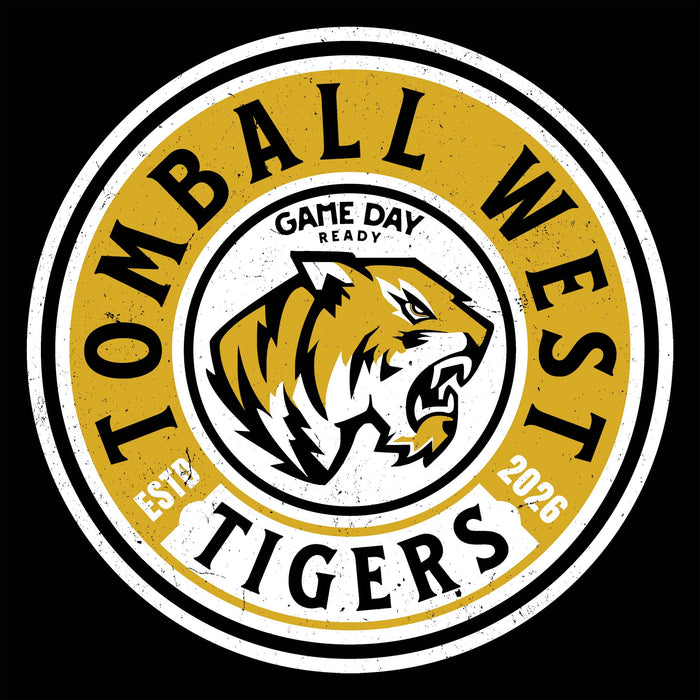 A circular Tomball West Tigers logo graphic on a black background, featuring a distressed design with a tiger head in the center and the words 'TOMBALL WEST TIGERS' and 'GAME DAY READY' in white and yellow. Tomball West High School Tigers Black Classic Unisex T-shirt 220
