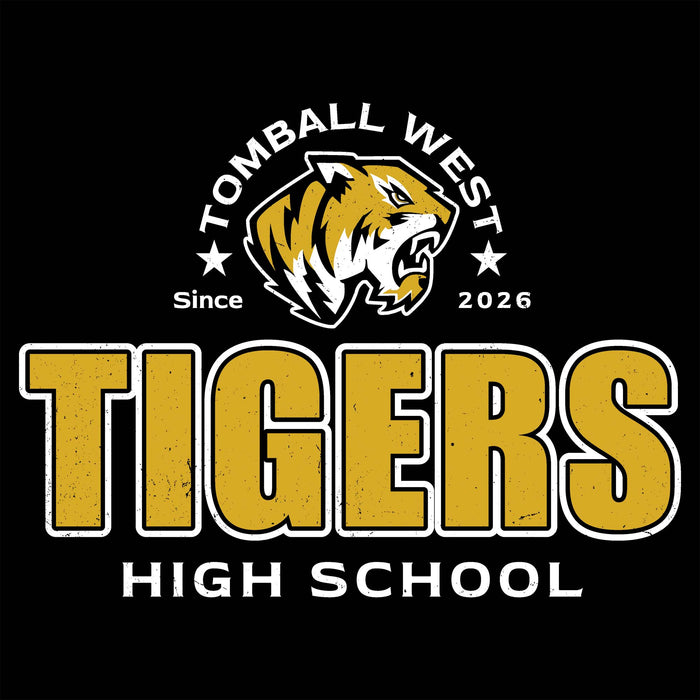 A black square graphic with a stylized tiger head logo above the words 'TOMBALL WEST Since 2026 TIGERS HIGH SCHOOL' in white and yellow text. Tomball West High School Tigers Black Classic Unisex T-shirt 222