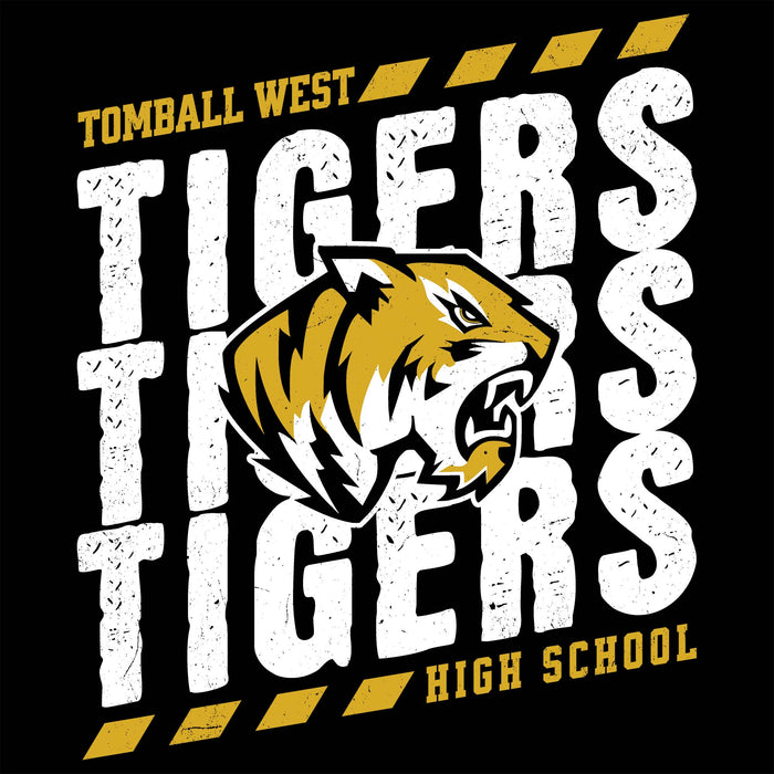 Tomball West High School Tigers graphic design on a black background, featuring distressed white 'TIGERS' text, yellow 'TOMBALL WEST' and 'HIGH SCHOOL' text, and a stylized tiger head logo. Tomball West High School Tigers Black Classic Unisex T-shirt 223
