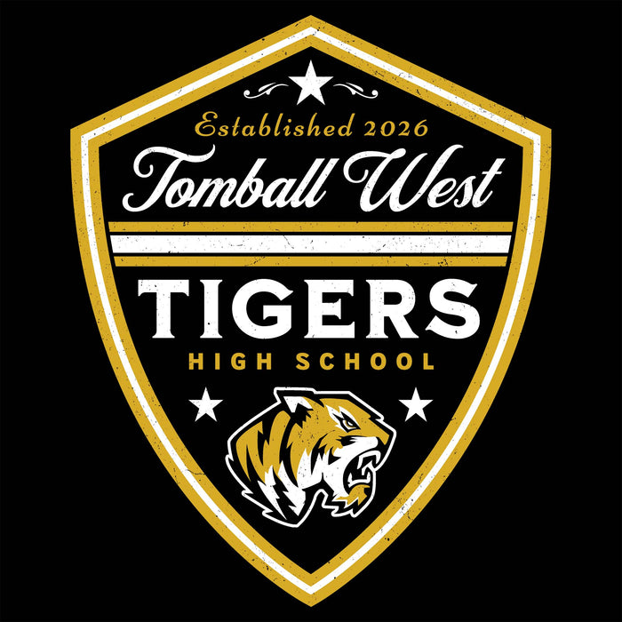 A shield-shaped school emblem on a black background reading 'Established 2026 Tomball West TIGERS HIGH SCHOOL' with a tiger head illustration and white, gold, and black colors. Tomball West High School Tigers Black Classic Unisex T-shirt 225