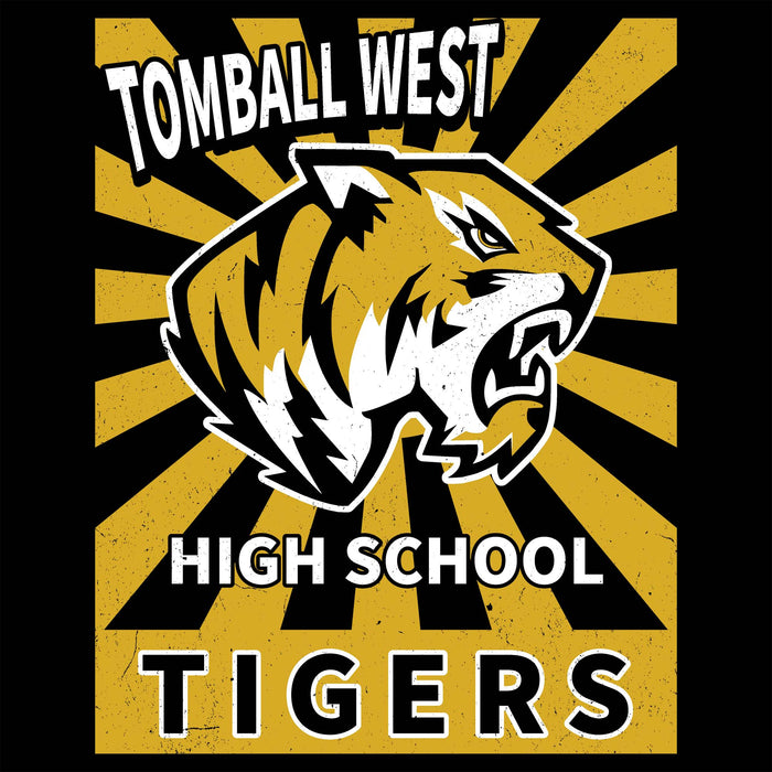 Tomball West High School Tigers graphic featuring a roaring tiger mascot head on a black and gold sunburst background with the text 'TOMBALL WEST HIGH SCHOOL TIGERS'. Tomball West High School Tigers Women's Black SoftStyle T-shirt 226
