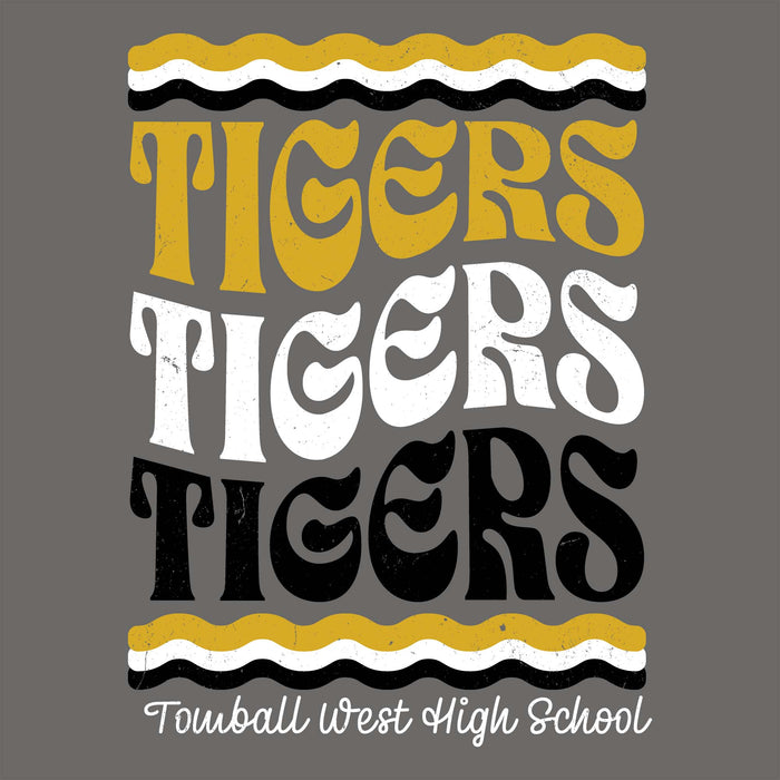 A graphic design featuring the word 'TIGERS' repeated three times in large, stylized lettering—yellow, white, and black—on a dark gray background, with decorative wavy stripes above and below and the text 'Tomball West High School' at the bottom. Tomball West High School Tigers Dark Grey Classic Unisex T-shirt 227