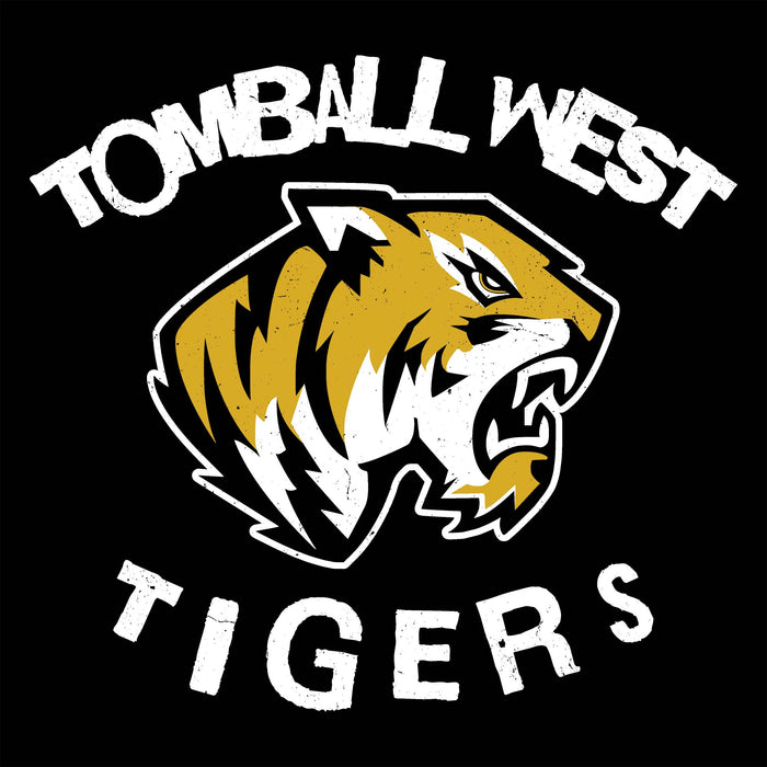A black square graphic featuring a stylized roaring tiger head in gold, white, and black, with the words "TOMBALL WEST" above and "TIGERS" below in distressed white lettering. Tomball West High School Tigers Women's Black SoftStyle T-shirt 228