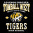 A black graphic design featuring the text 'LEGENDS FOREVER TOMBALL WEST NEVER BACK DOWN TIGERS HIGH SCHOOL' in white and gold lettering, with a tiger mascot head in the center and small diamond-shaped 'ESTD 2026' badges on either side. Tomball West High School Tigers Unisex 3/4 sleeve Raglan T-shirt 230