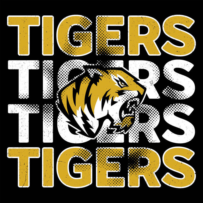 A bold graphic design featuring the word 'TIGERS' repeated vertically in yellow and white with a stylized tiger head logo in the center, on a black background. Tomball West High School Tigers Unisex 3/4 sleeve Raglan T-shirt 233