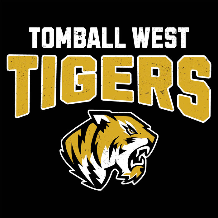 Tomball West Tigers graphic with distressed white 'TOMBALL WEST' text, large gold 'TIGERS' lettering, and a tiger head mascot on a black background. Tomball West High School Tigers Unisex 3/4 sleeve Raglan T-shirt 234