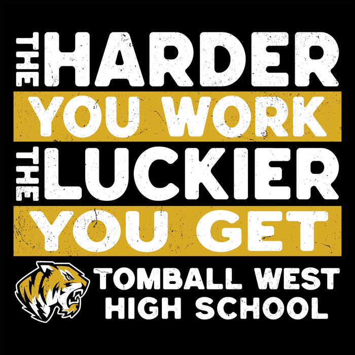 A square graphic with the motivational phrase 'THE HARDER YOU WORK THE LUCKIER YOU GET' in white distressed text on alternating black and mustard yellow horizontal bars. Below, 'TOMBALL WEST HIGH SCHOOL' appears in white text beside a tiger head logo on a black background. Tomball West High School Tigers Unisex 3/4 sleeve Raglan T-shirt 238