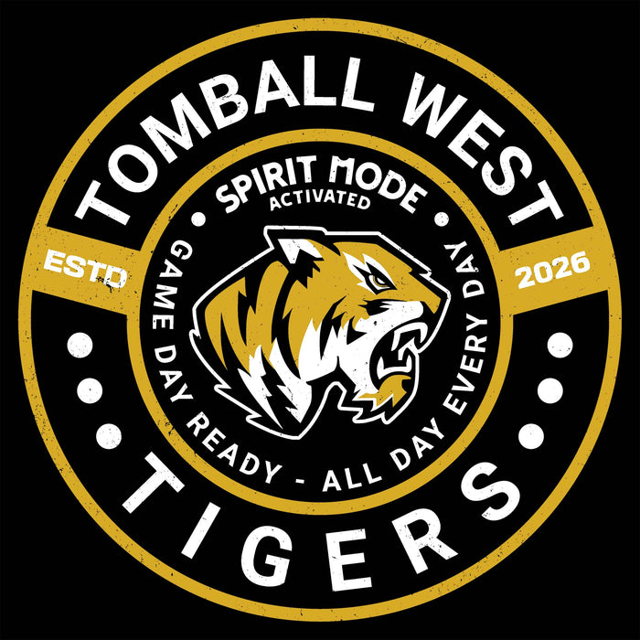 A circular black, gold, and white Tomball West Tigers graphic with a tiger head logo in the center and text including 'TOMBALL WEST', 'TIGERS', 'SPIRIT MODE ACTIVATED', and '2026'. Tomball West High School Tigers Unisex 3/4 sleeve Raglan T-shirt 239