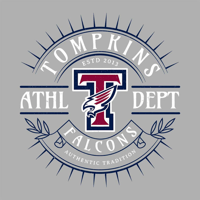 Close-up view of Tompkins High School Falcons Women's Grey T-shirt 201