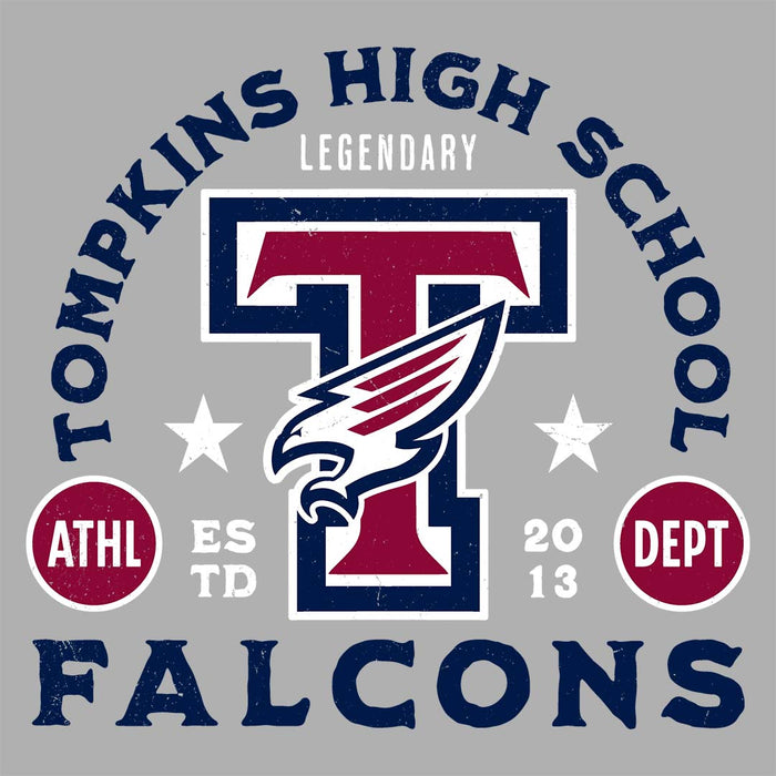 Close-up view of Tompkins High School Falcons Women's Grey T-shirt 208