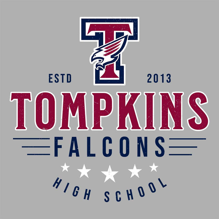 Close-up view of Tompkins High School Falcons Women's Grey T-shirt 217