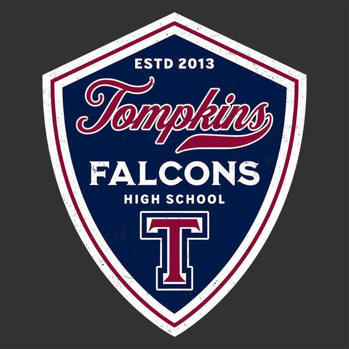 Close-up view of Tompkins High School Falcons Women's Dark Grey T-shirt 225