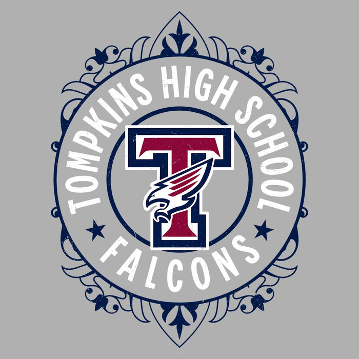 Close-up view of Tompkins High School Falcons Women's Grey T-shirt 227