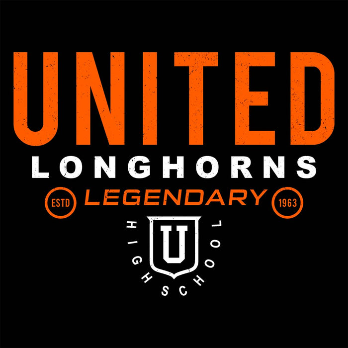 Close-up view of United High School Longhorns Unisex 3/4 sleeve Raglan T-shirt 003