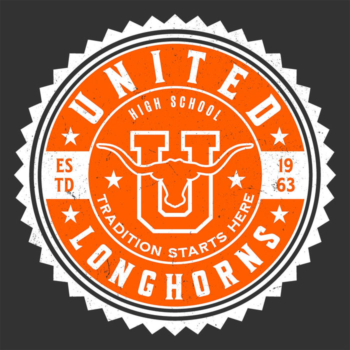 Close-up view of United High School Longhorns Women's Dark Grey T-shirt 203