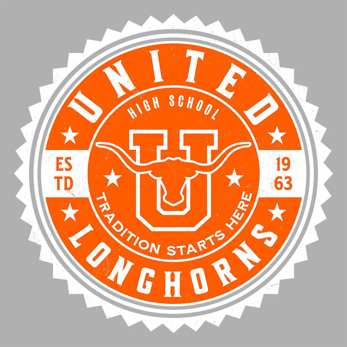 Close-up view of United High School Longhorns Unisex 3/4 sleeve Raglan T-shirt 203