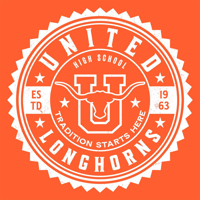 Close-up view of United High School Longhorns Orange Classic Unisex T-shirt 203