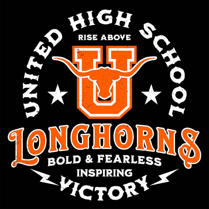 Close-up view of United High School Longhorns Unisex 3/4 sleeve Raglan T-shirt 206