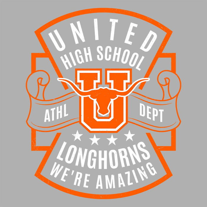 Close-up view of United High School Longhorns Unisex 3/4 sleeve Raglan T-shirt 207