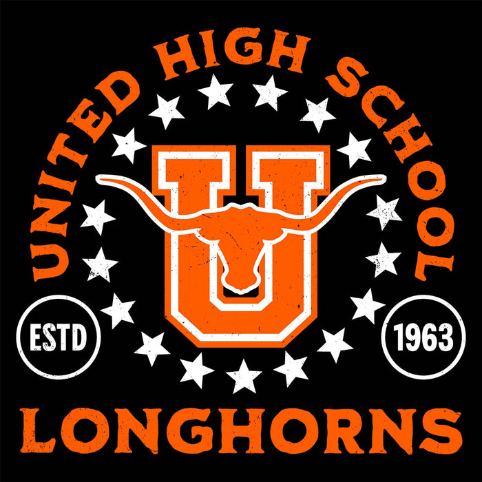 Close-up view of United High School Longhorns Unisex 3/4 sleeve Raglan T-shirt 208