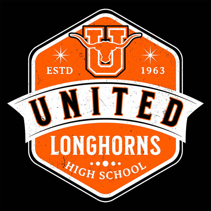 Close-up view of United High School Longhorns Unisex 3/4 sleeve Raglan T-shirt 209