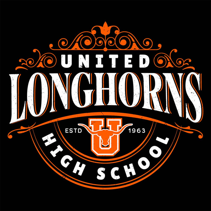 Close-up view of United High School Longhorns Unisex 3/4 sleeve Raglan T-shirt 211