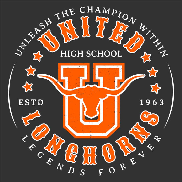 Close-up view of United High School Longhorns Women's Dark Grey T-shirt 214