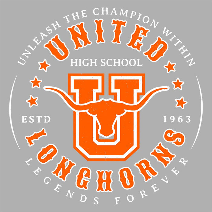 Close-up view of United High School Longhorns Unisex 3/4 sleeve Raglan T-shirt 214